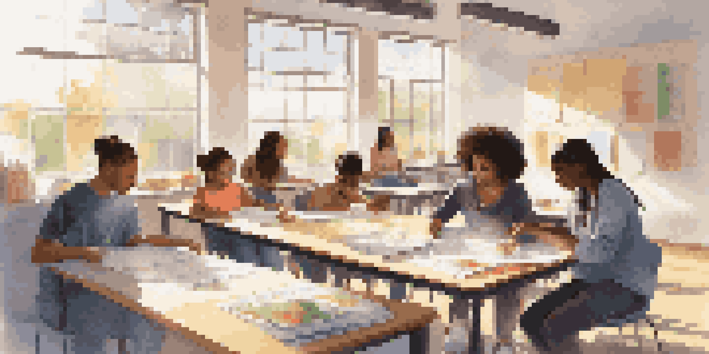 A group of students of various backgrounds working together in a classroom, sharing ideas and resources, with natural light illuminating the space.