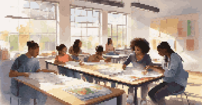A group of students of various backgrounds working together in a classroom, sharing ideas and resources, with natural light illuminating the space.