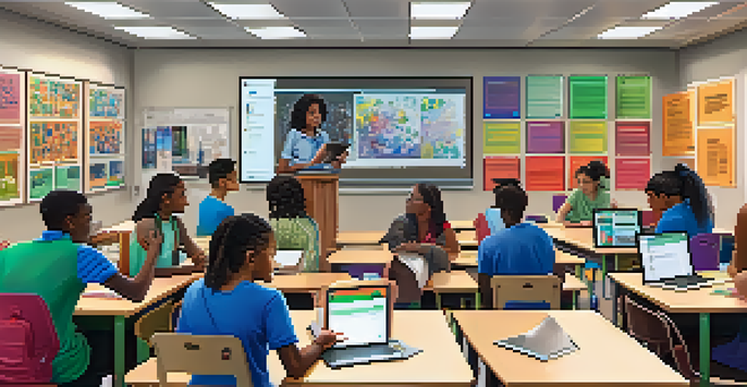 A lively classroom where students from diverse backgrounds interact with educational materials on laptops and tablets, with colorful decorations and a large whiteboard visible.