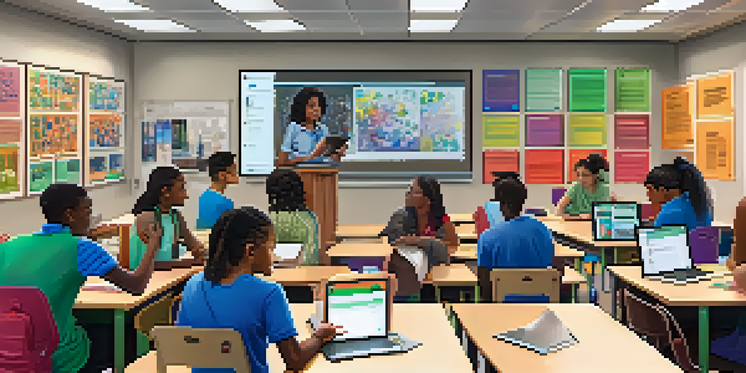 A lively classroom where students from diverse backgrounds interact with educational materials on laptops and tablets, with colorful decorations and a large whiteboard visible.