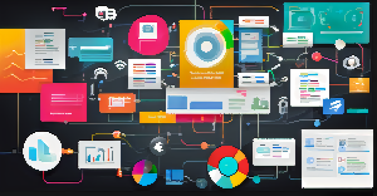 A digital infographic showcasing different collaboration tools with colorful icons on a dark background.