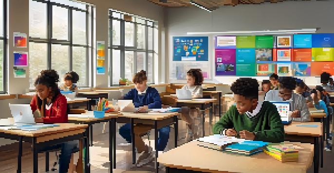 A bright classroom with diverse students working together on a project, displaying digital badges on their devices.