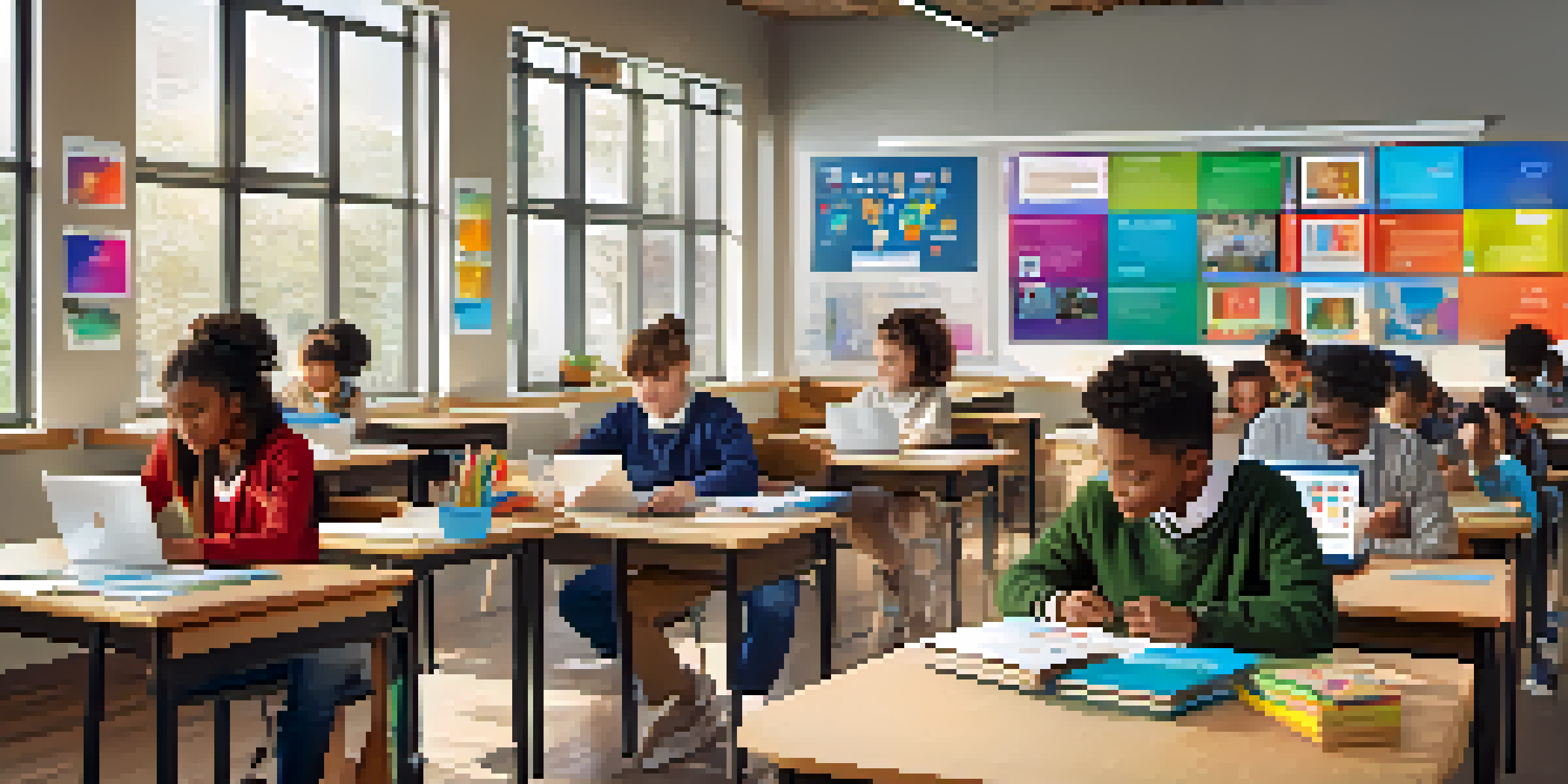 A bright classroom with diverse students working together on a project, displaying digital badges on their devices.