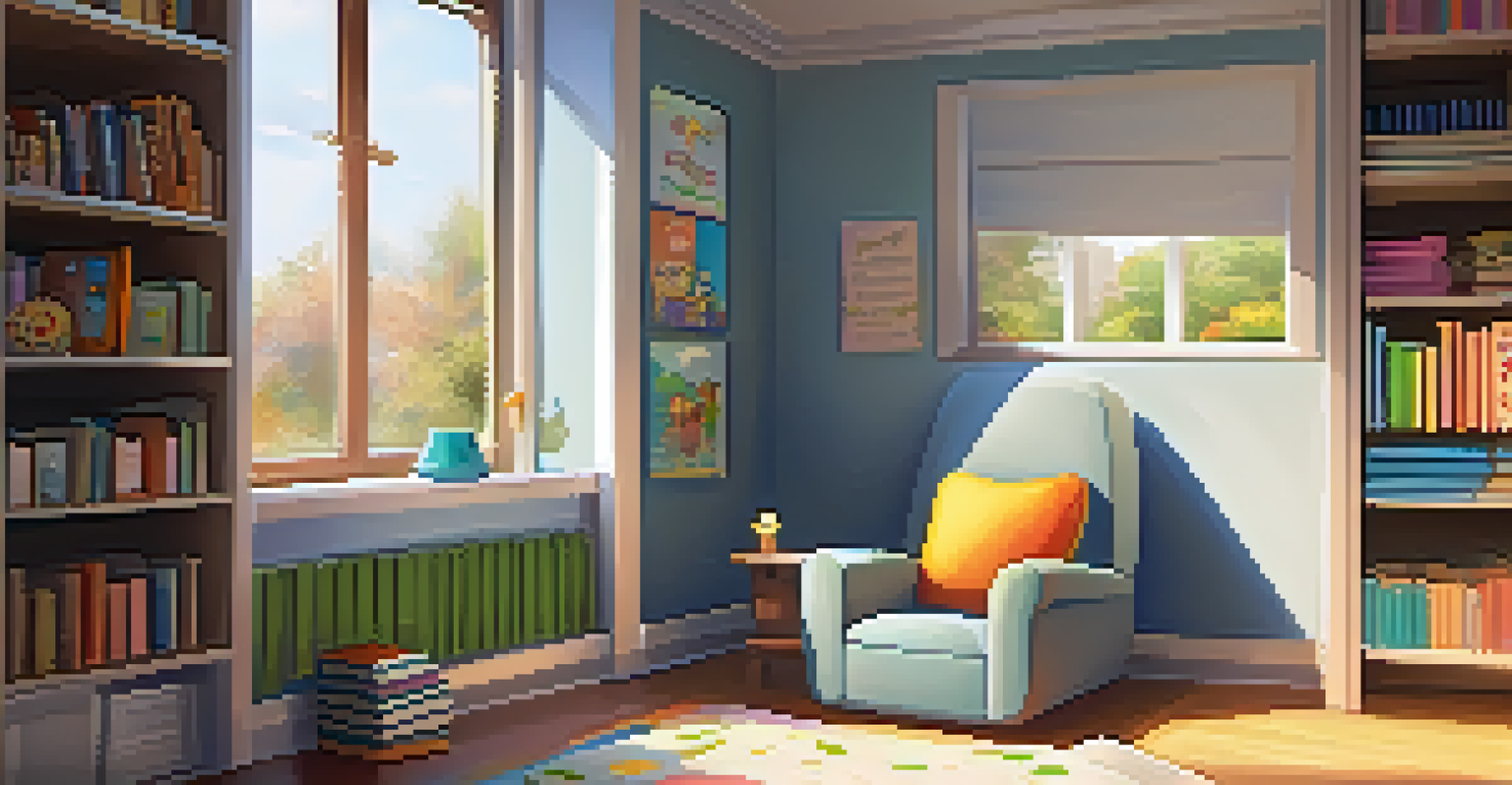 A cozy reading nook in a classroom with a bookshelf, beanbag chair, and warm lighting, perfect for children to enjoy reading.
