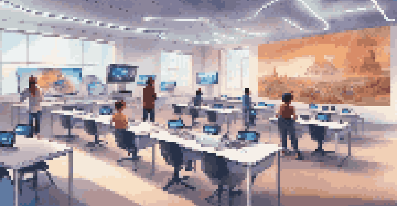 Students in a modern classroom using virtual reality headsets to explore immersive educational simulations.
