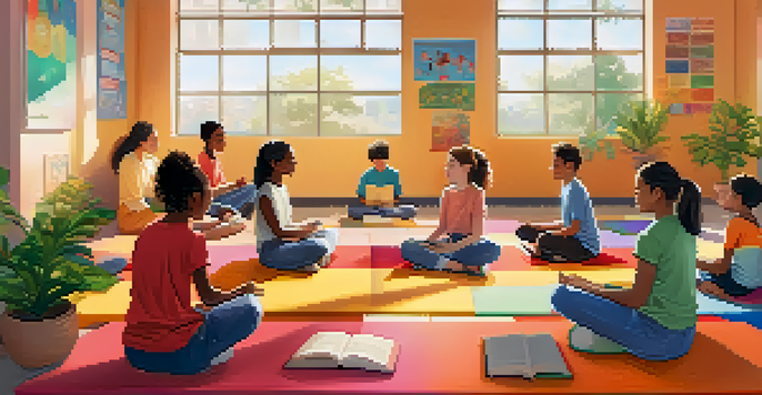 A bright classroom with students practicing mindfulness on colorful mats, surrounded by plants and motivational posters.