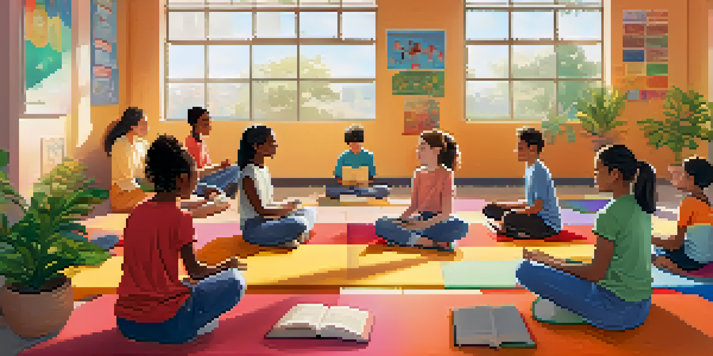 A bright classroom with students practicing mindfulness on colorful mats, surrounded by plants and motivational posters.