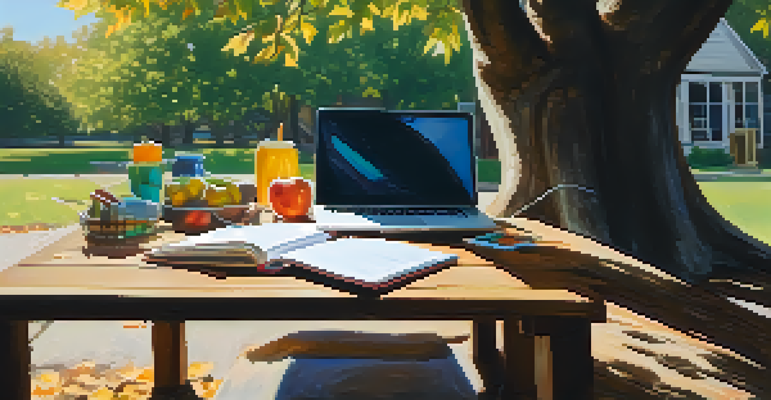 An outdoor study area featuring a picnic table under a tree, an open laptop, and colorful notebooks, illuminated by sunlight filtering through the leaves.