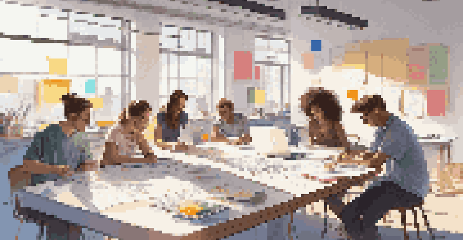 Students working together on a media project at a table filled with notebooks and laptops, with a whiteboard in the background.