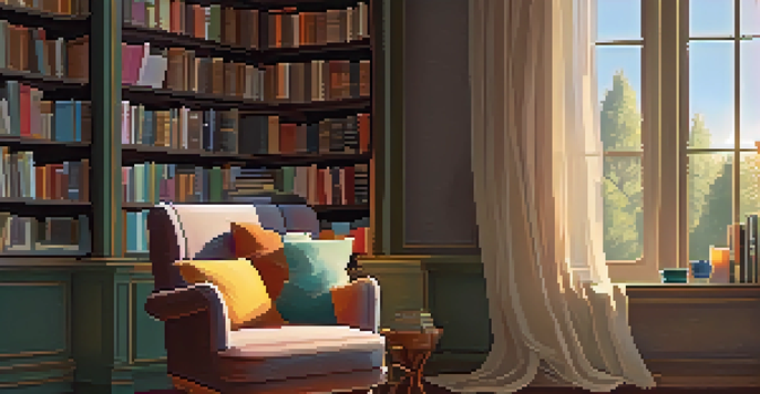 A warm and inviting reading nook with a plush armchair, colorful books on a small bookshelf, and a soft blanket, illuminated by sunlight filtering through sheer curtains.