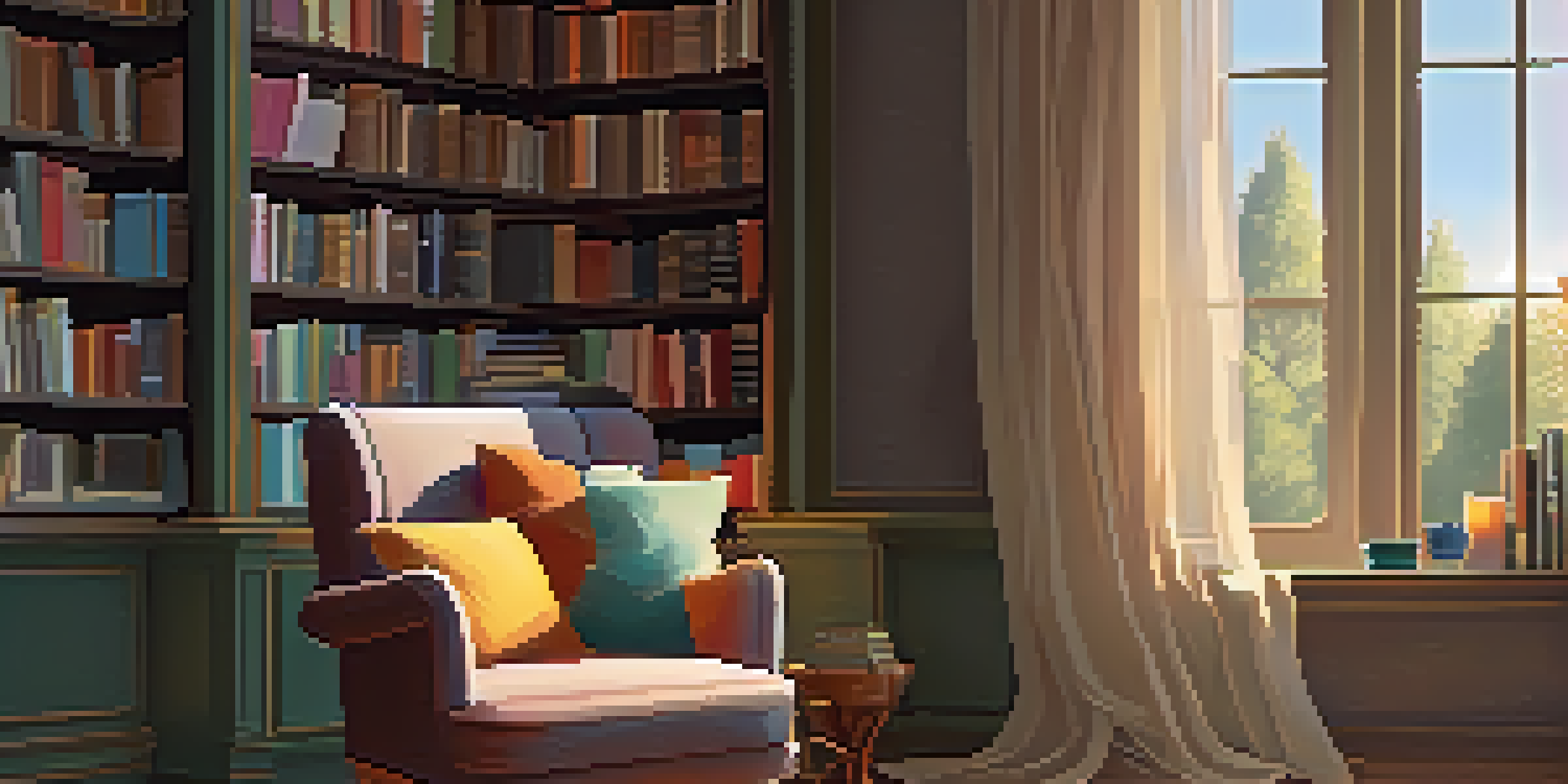 A warm and inviting reading nook with a plush armchair, colorful books on a small bookshelf, and a soft blanket, illuminated by sunlight filtering through sheer curtains.