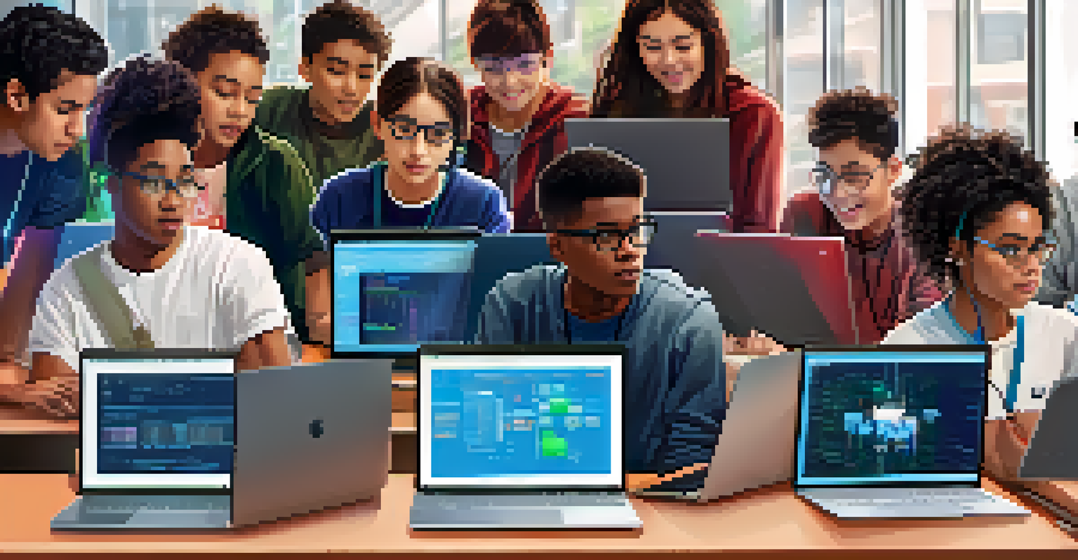 Students in a tech workshop coding on laptops, surrounded by gadgets and collaborating with excitement in a dynamic learning space.