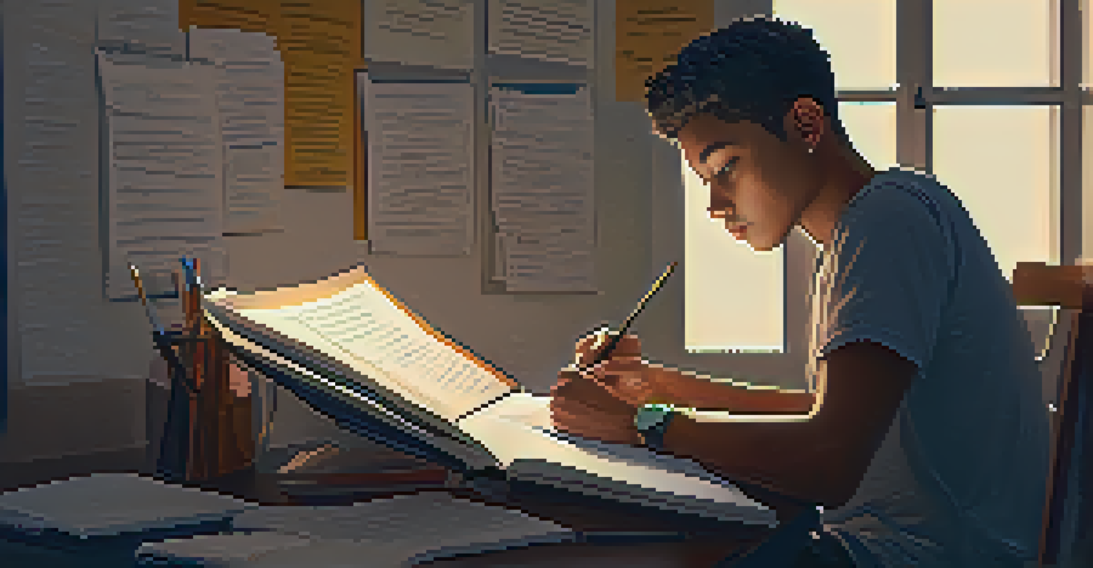 An individual writing in a learning journal at a desk, with study materials and warm lighting for a reflective atmosphere.