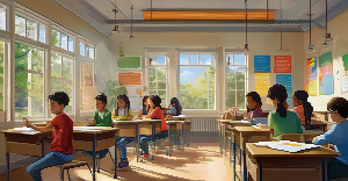 A classroom scene with students reviewing their work and providing feedback to each other in a bright, sunny environment.