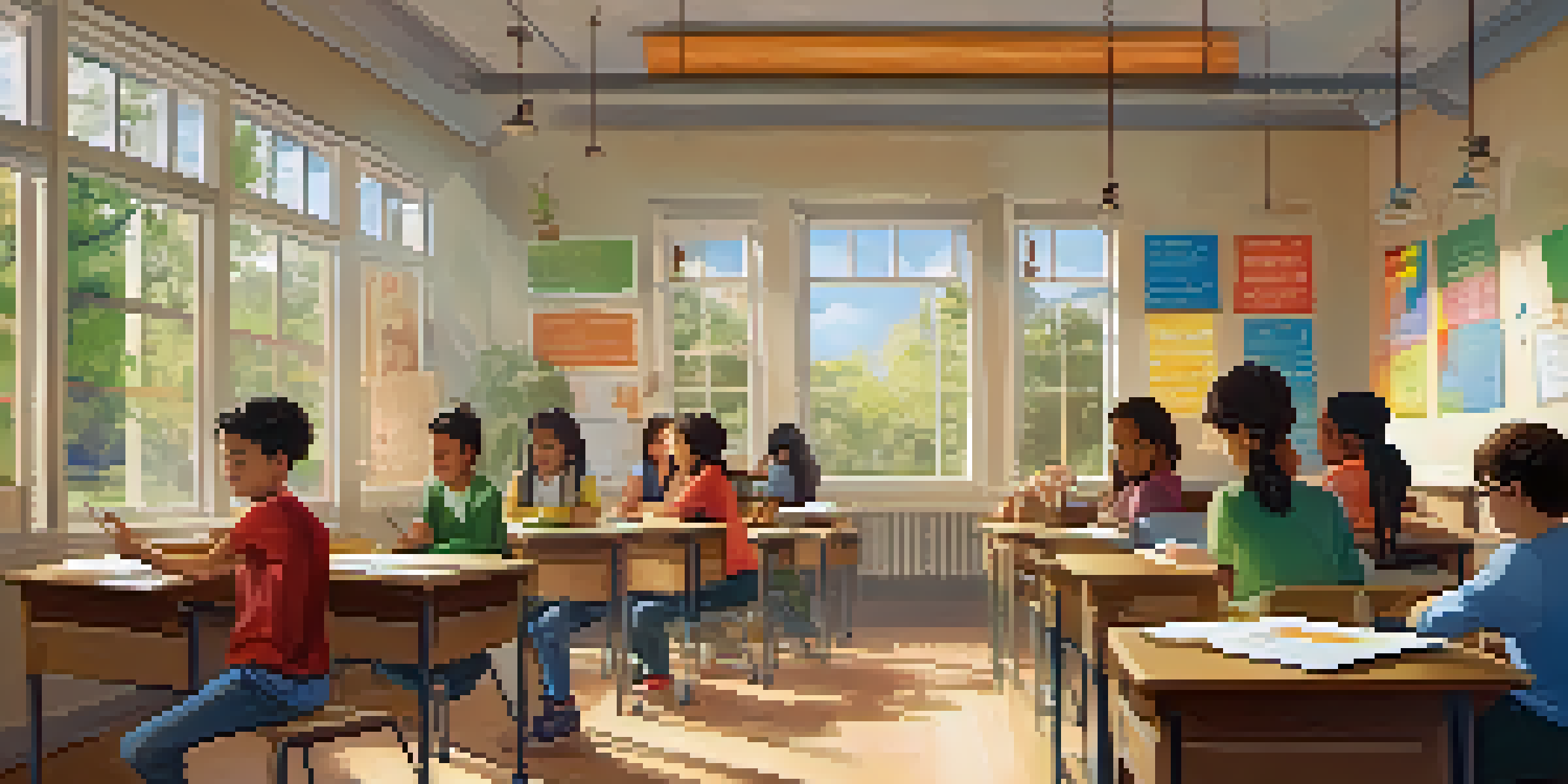 A classroom scene with students reviewing their work and providing feedback to each other in a bright, sunny environment.