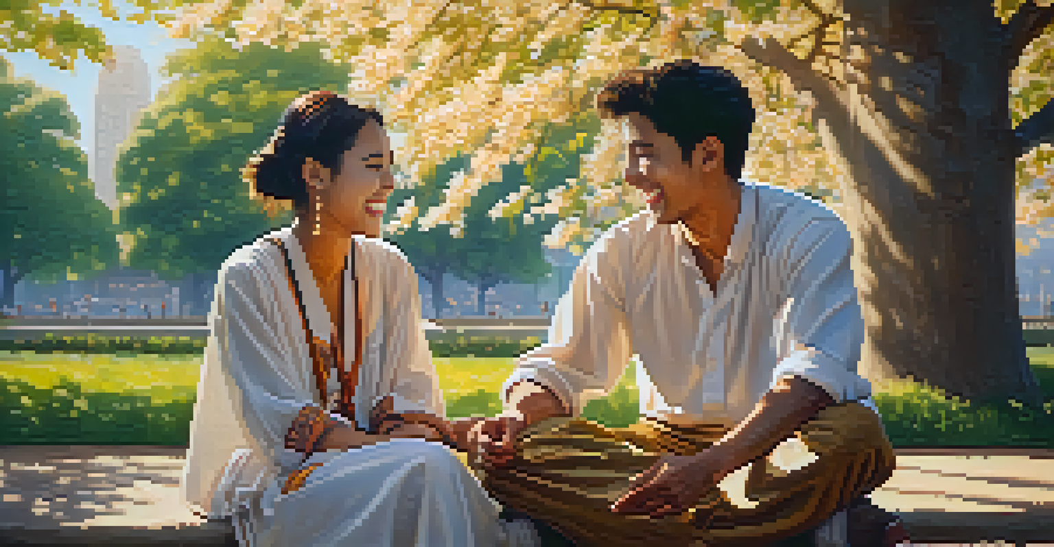 Two friends sharing stories in a park, showcasing cultural diversity and friendship.