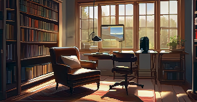 A cozy study room with bookshelves, an armchair, and a vintage microphone on a desk, illuminated by warm sunlight.