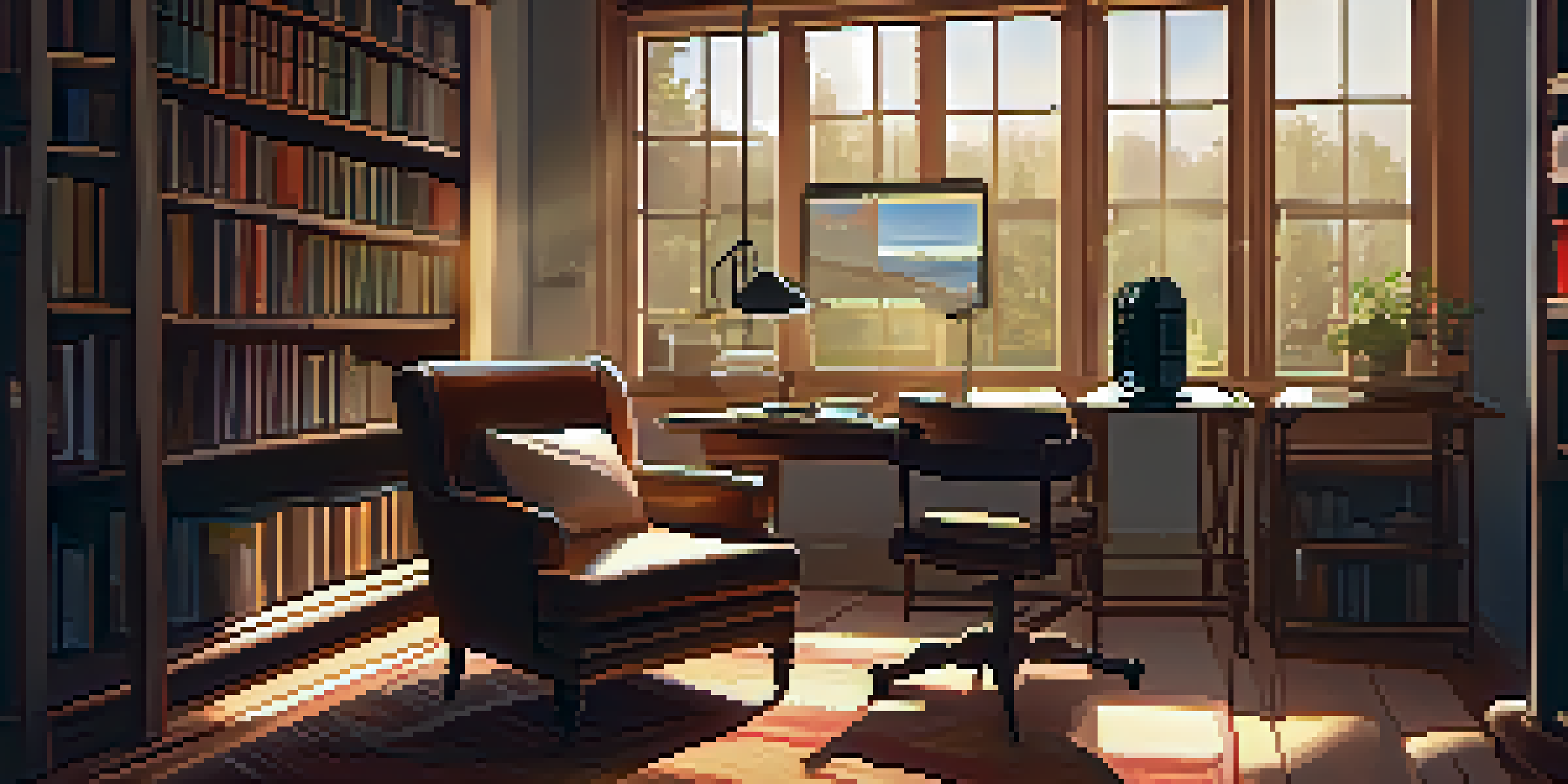 A cozy study room with bookshelves, an armchair, and a vintage microphone on a desk, illuminated by warm sunlight.