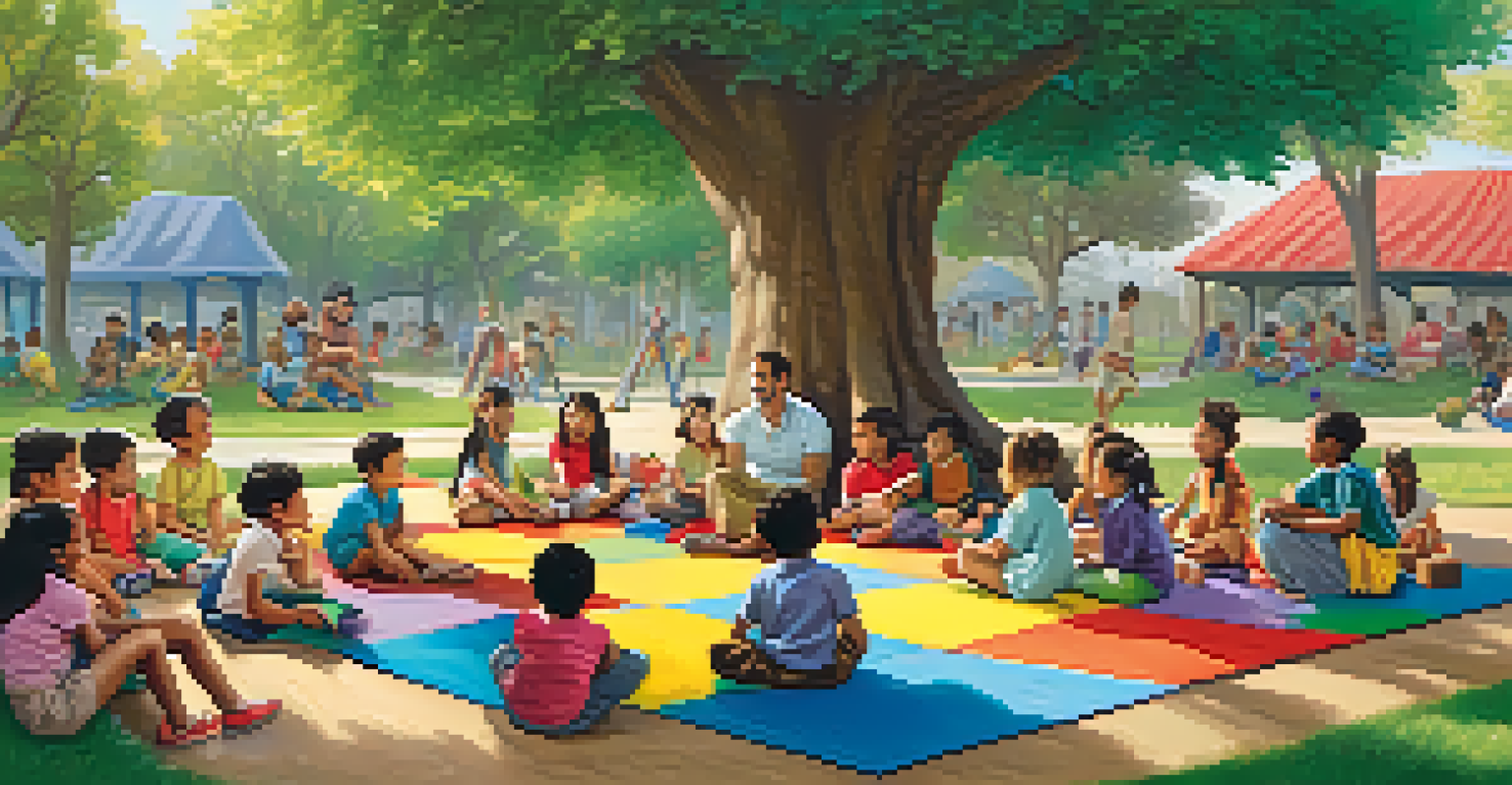 Children of different ethnicities engaging in storytelling on a mat in an outdoor playground with a teacher.
