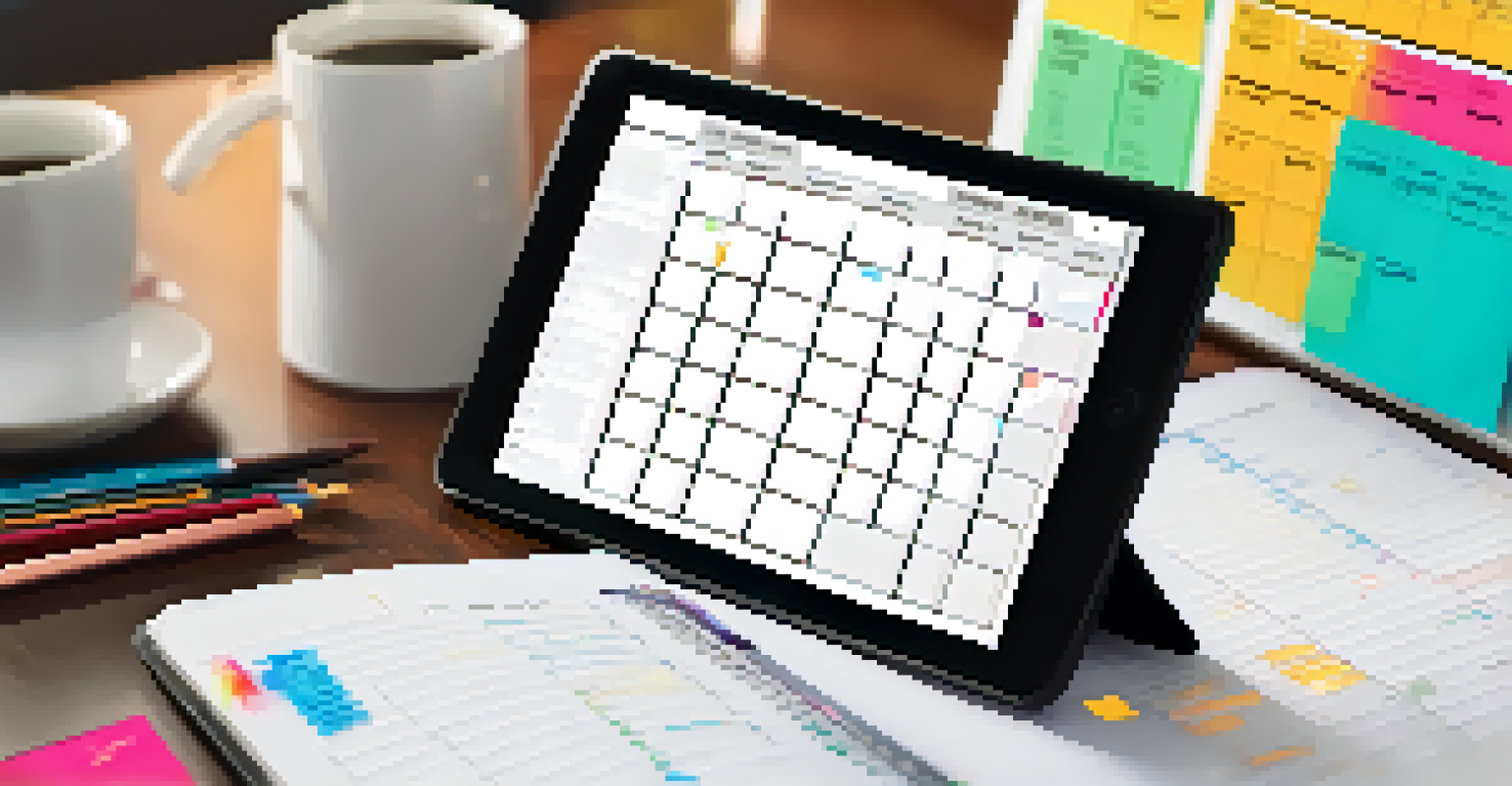 A tablet displaying a colorful digital planner with a calendar and sticky notes, accompanied by a cup of coffee on a tidy desk.