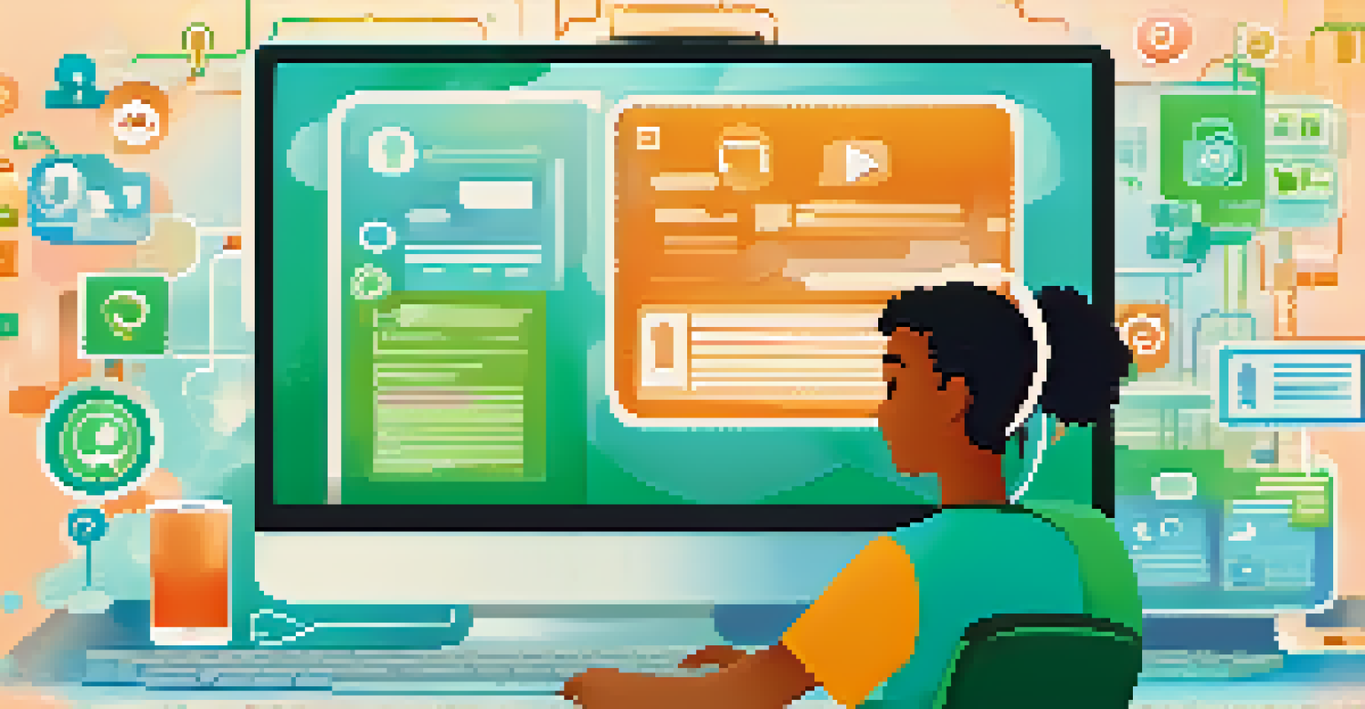 A computer screen showing a social media platform with icons representing digital literacy skills and a thoughtful young person in the foreground.