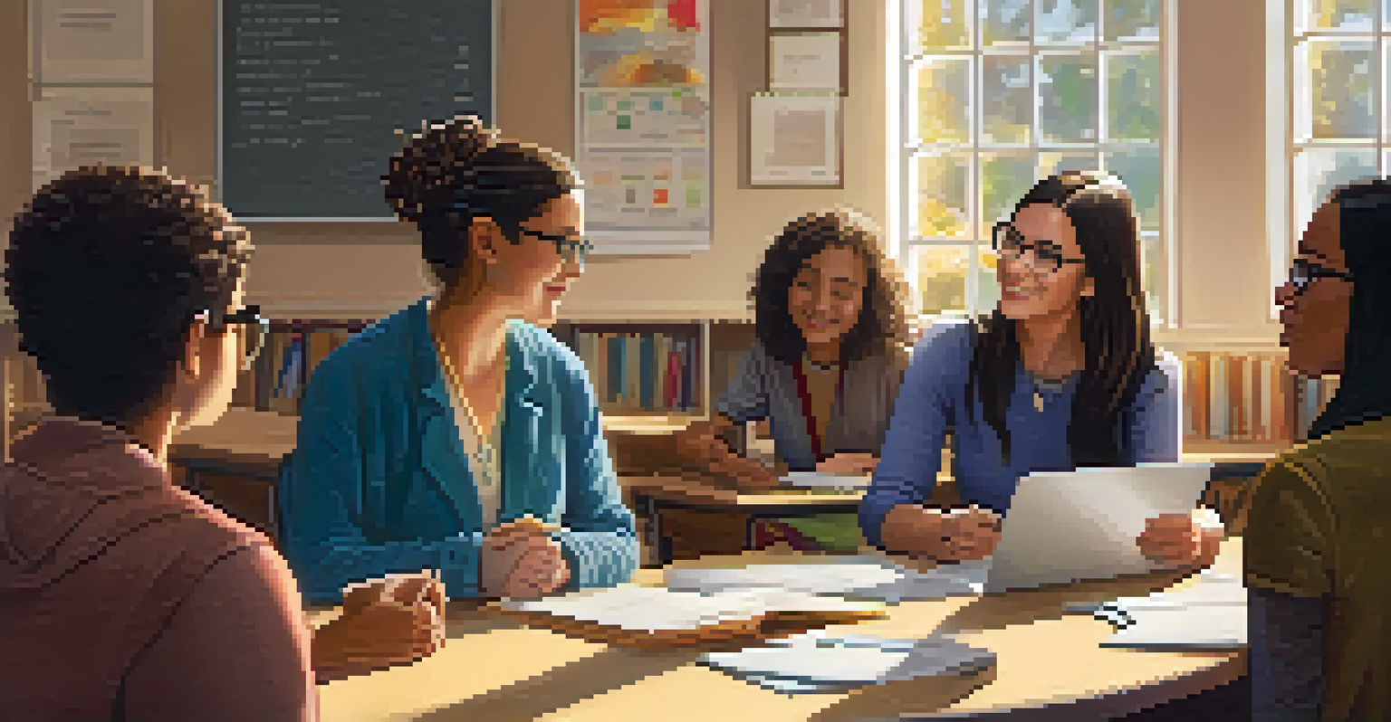 An educator discussing projects with students in a warm and inviting learning space.