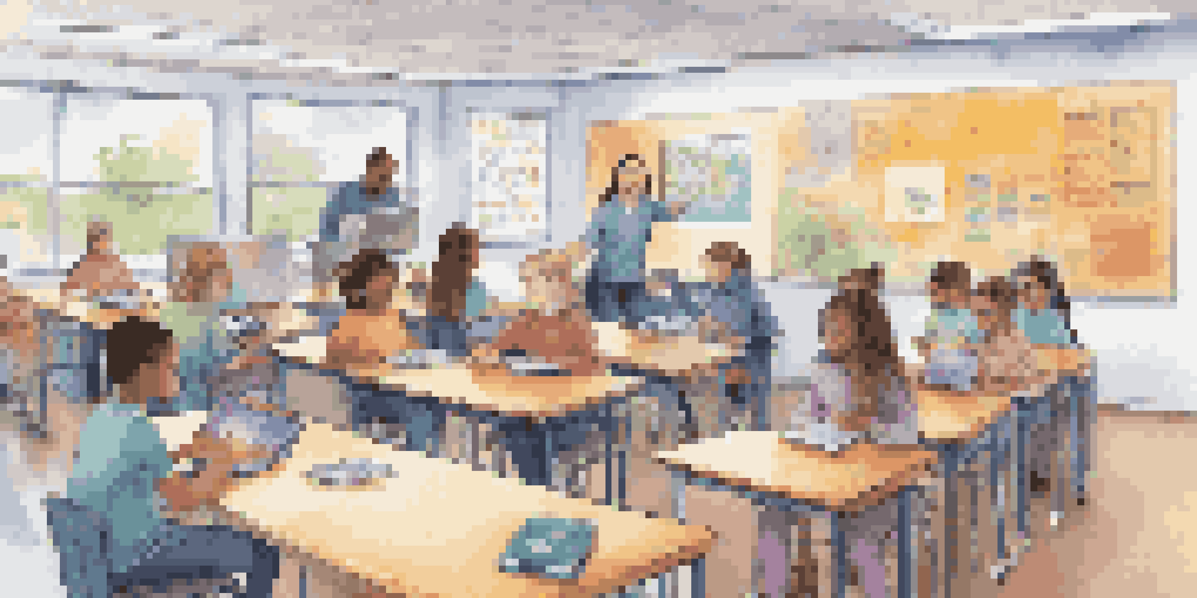 A vibrant classroom with diverse students using technology for personalized learning, with a teacher supporting them.