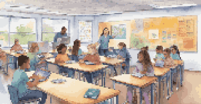 A vibrant classroom with diverse students using technology for personalized learning, with a teacher supporting them.