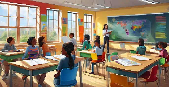 A vibrant classroom with diverse students working together, analyzing learning analytics data on a smart board, and surrounded by educational materials.