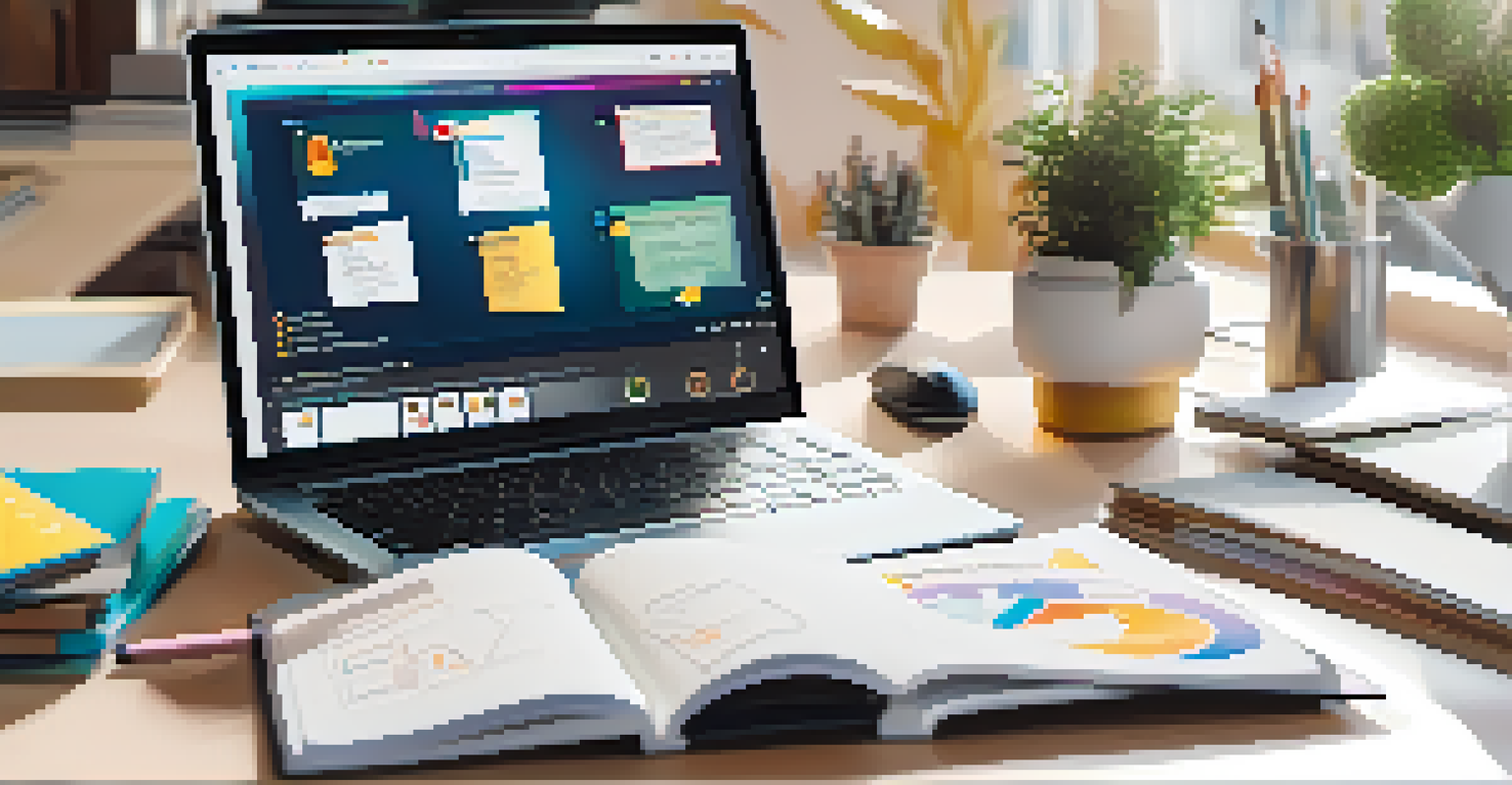 A computer screen displaying an online learning platform with collaborative tools, surrounded by a cozy workspace.