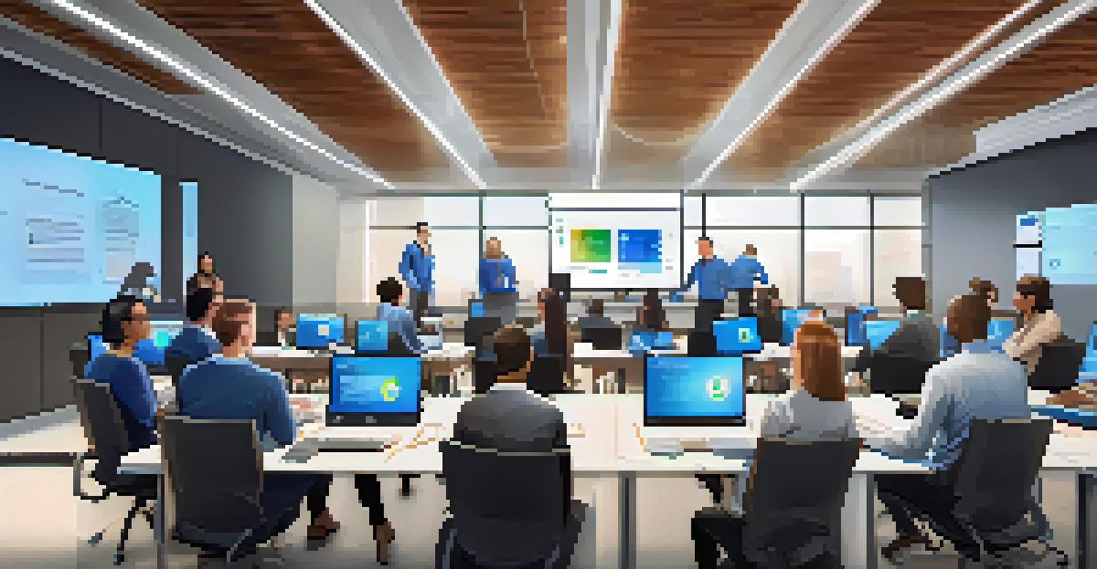 A professional training environment where employees are using laptops for personalized learning, reflecting a modern corporate training approach.