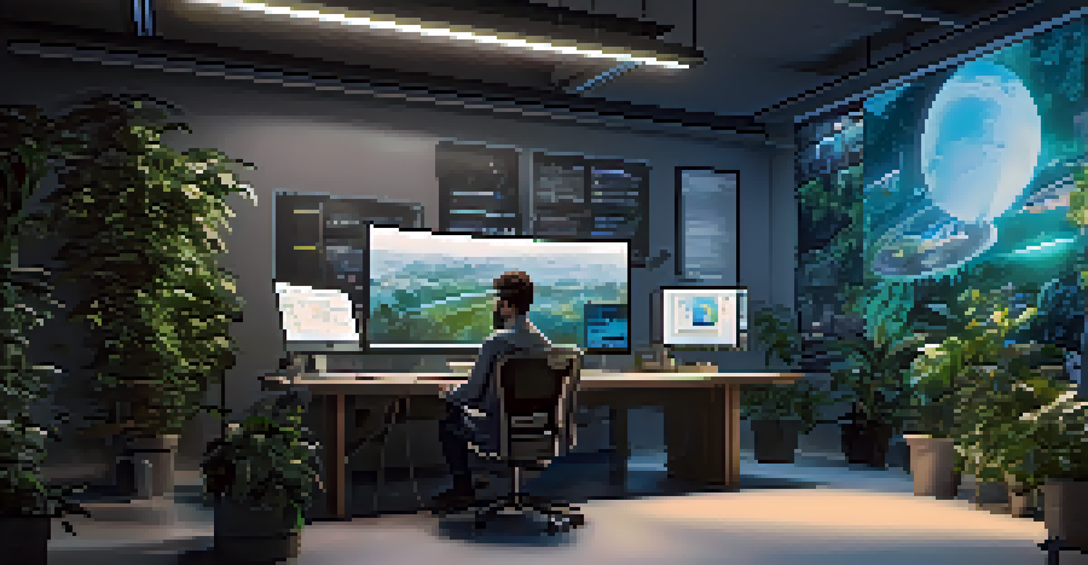 A graphic designer working on digital design software in a futuristic workspace filled with technology and creative tools.