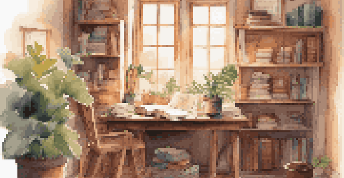 A student writing in a journal at a wooden desk in a cozy study room, with books around and sunlight coming through the window.