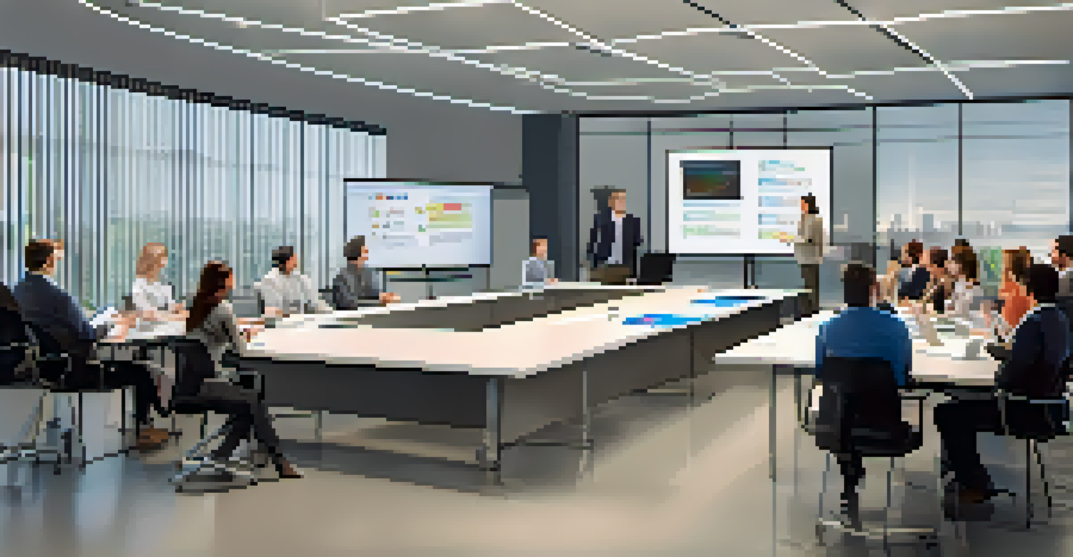 A corporate training session with employees collaborating around a conference table, engaging in a dynamic learning experience.