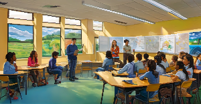 A classroom with students of various backgrounds listening to a teacher explain renewable energy concepts through storytelling.