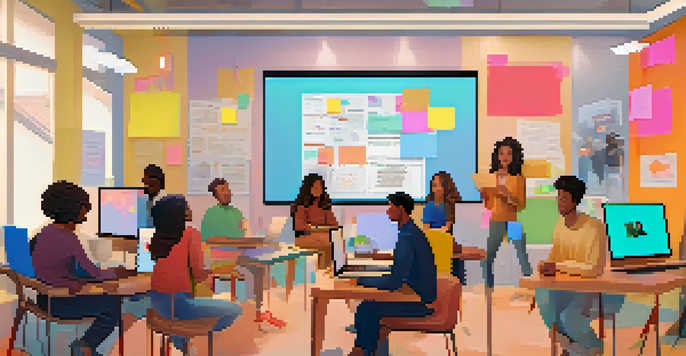 A virtual study group with diverse individuals engaging in discussions on their laptops, surrounded by colorful notes and ideas.
