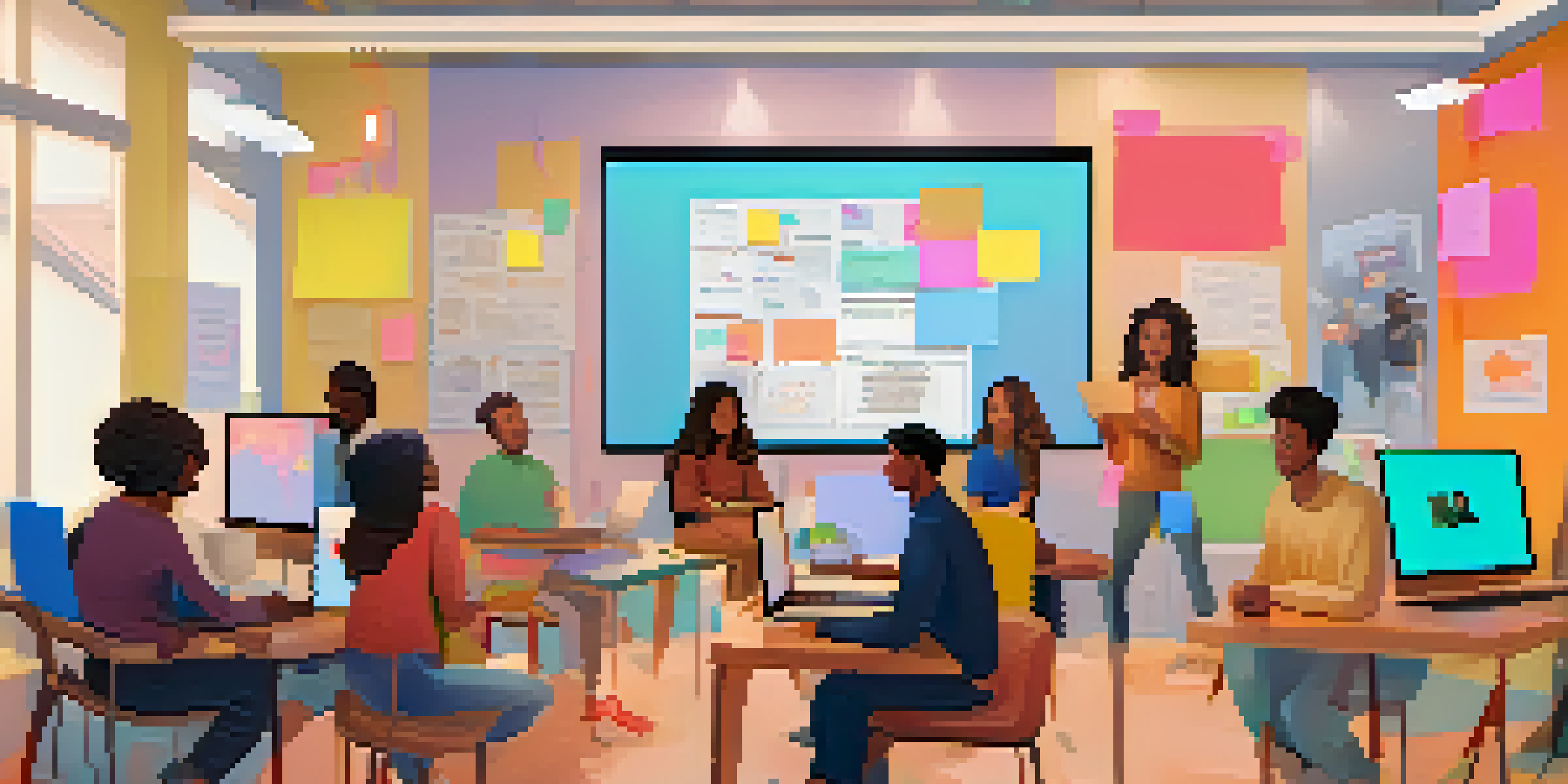 A virtual study group with diverse individuals engaging in discussions on their laptops, surrounded by colorful notes and ideas.