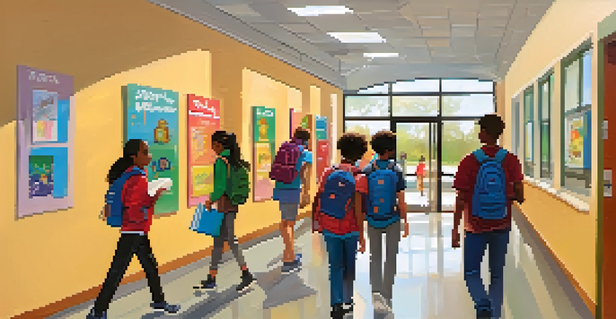 A school hallway with security cameras, students chatting and artwork on the walls, illuminated by natural light.
