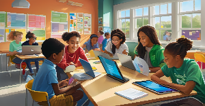 A diverse group of students collaborating in a bright classroom, using digital devices for a project, with colorful educational posters and natural light.