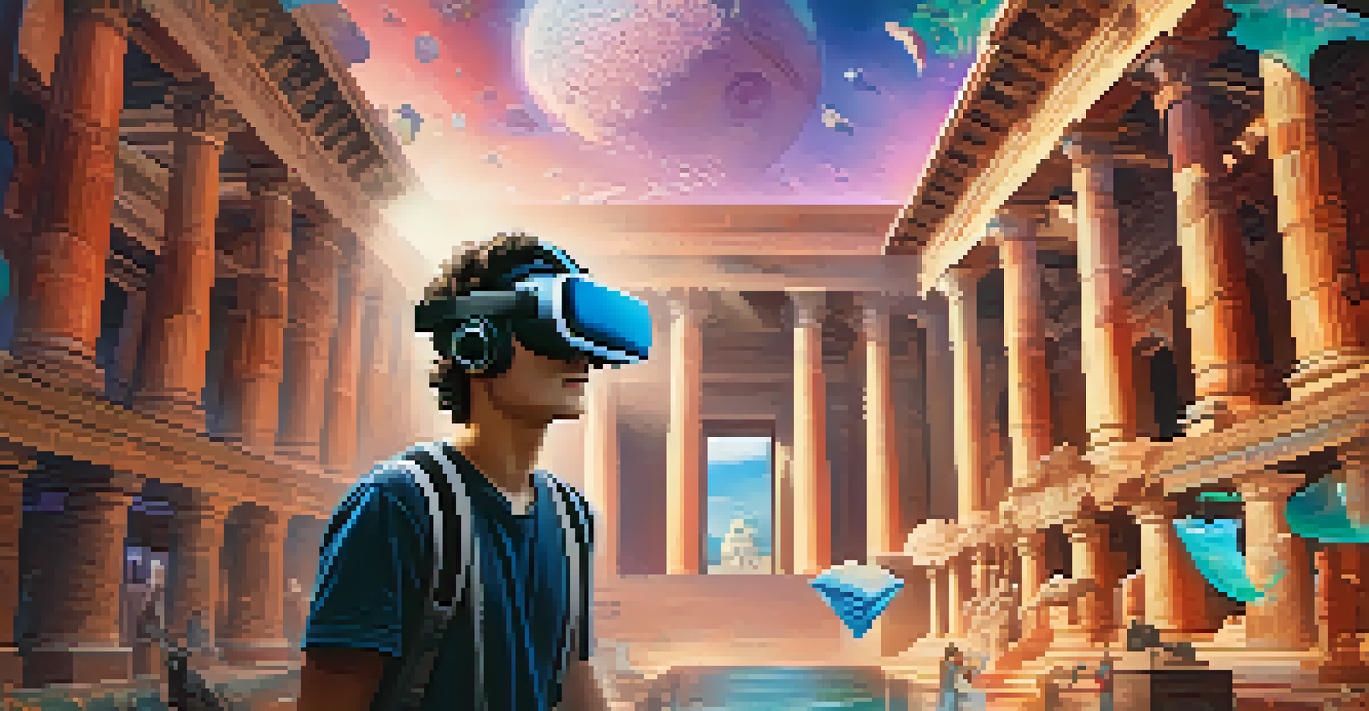 A student wearing a VR headset exploring an ancient civilization with holographic images around them.