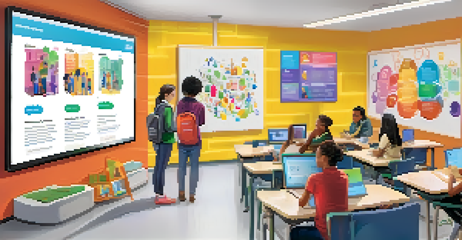 Students using tablets and laptops in a bright, modern setting to explore sexual health education resources, with engaging graphics displayed on their screens.