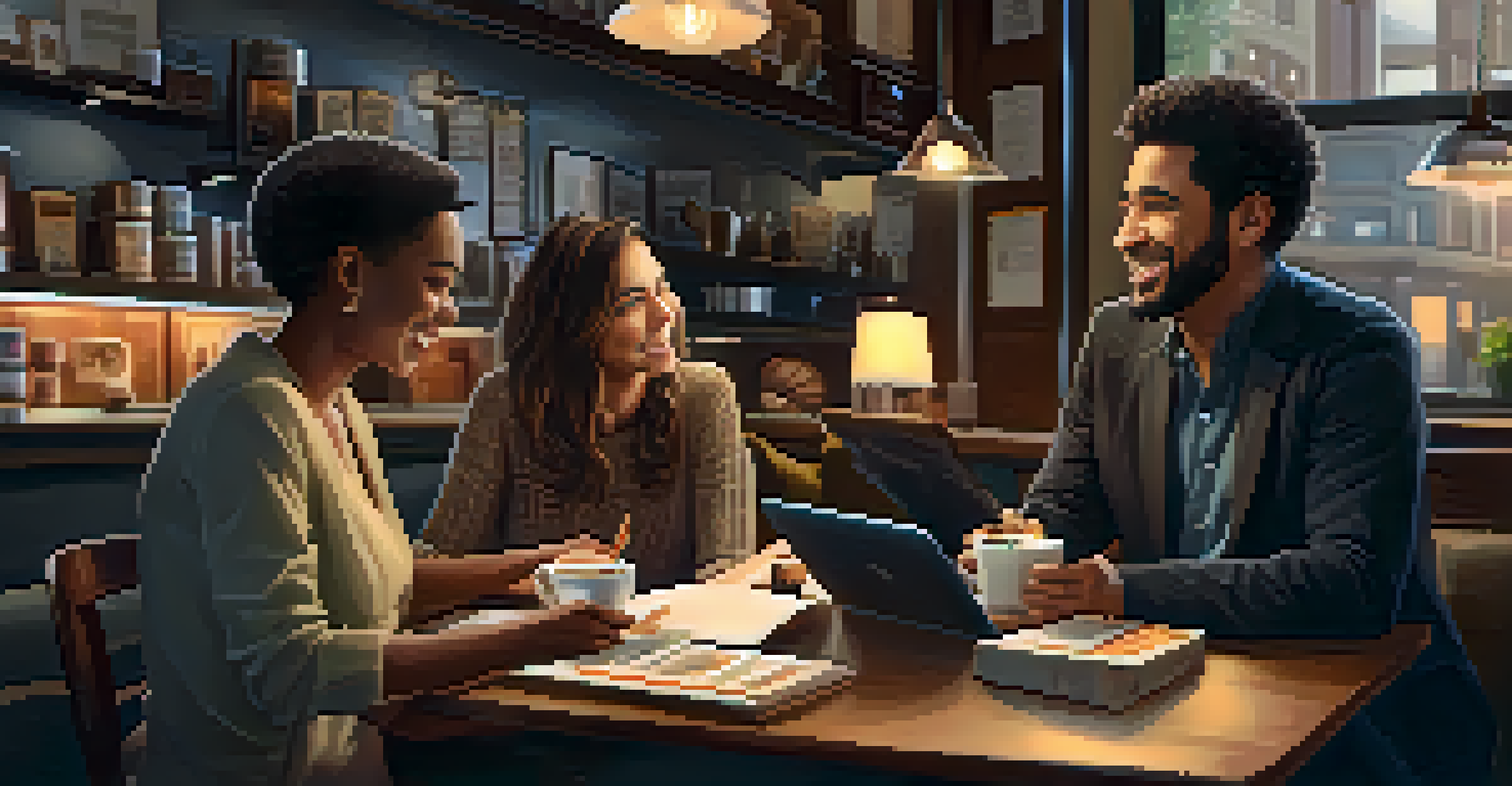A mentor and educator collaborating in a coffee shop, with laptops and coffee on the table.