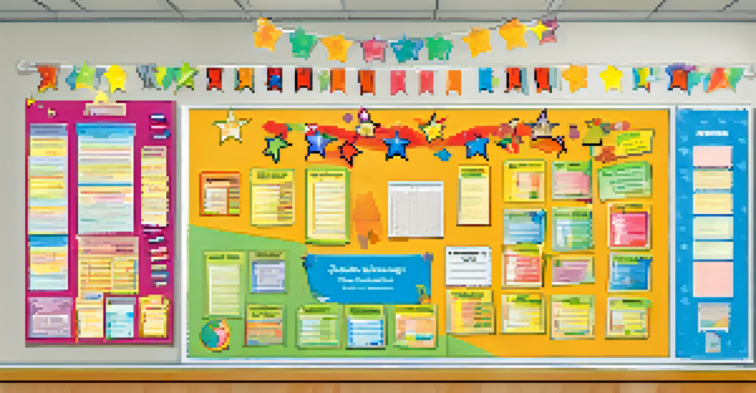 A reward system chart with stickers and stars in a colorful classroom, showcasing student achievements.