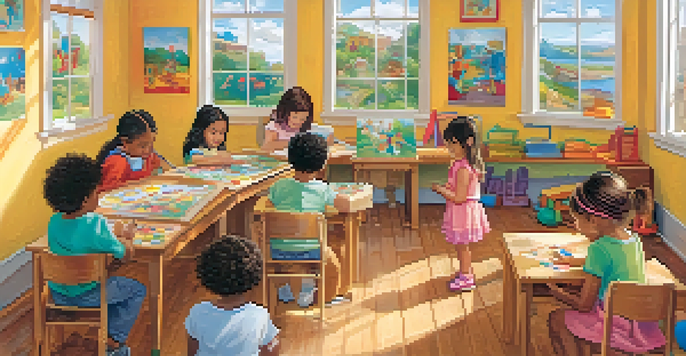 A lively classroom with children of different ethnicities participating in creative activities, showcasing a diverse learning environment.