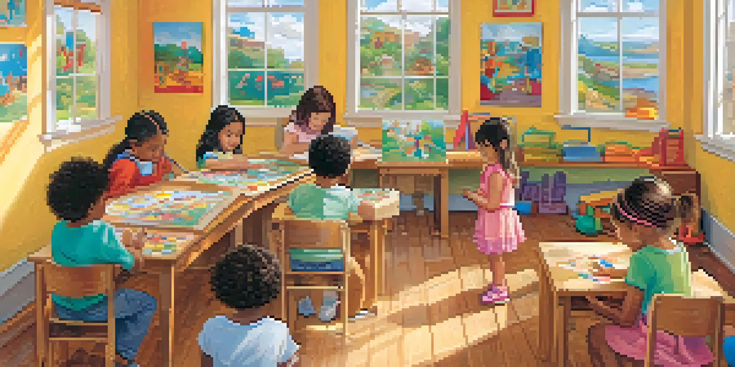 A lively classroom with children of different ethnicities participating in creative activities, showcasing a diverse learning environment.