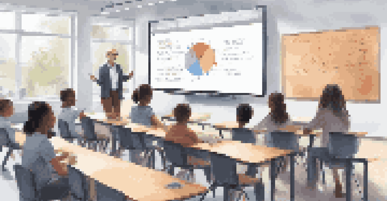 A teacher in a modern classroom using AI to display real-time assessment data on a digital whiteboard, interacting with students.