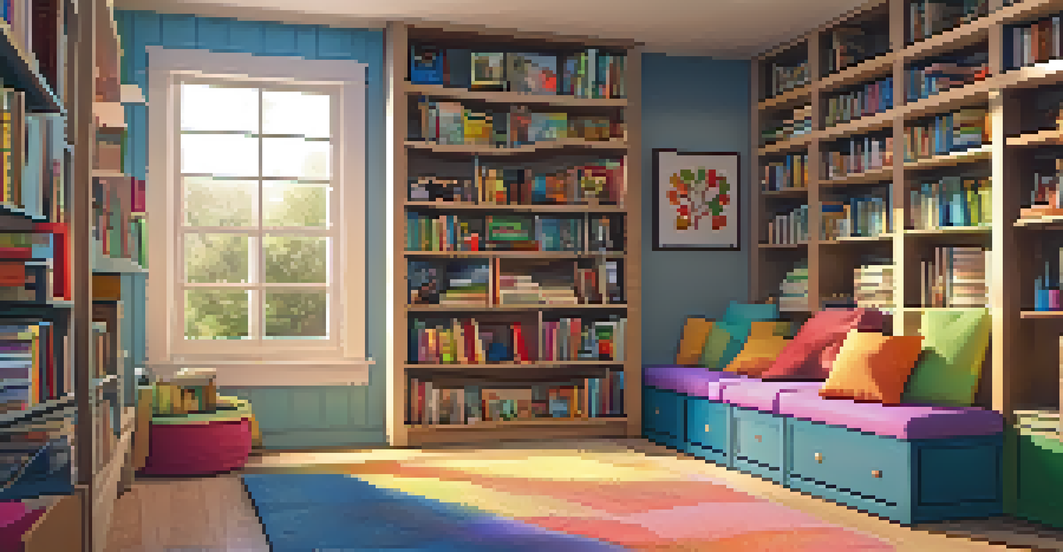 A cozy reading corner in a classroom with colorful cushions and shelves of books, illuminated by warm light.