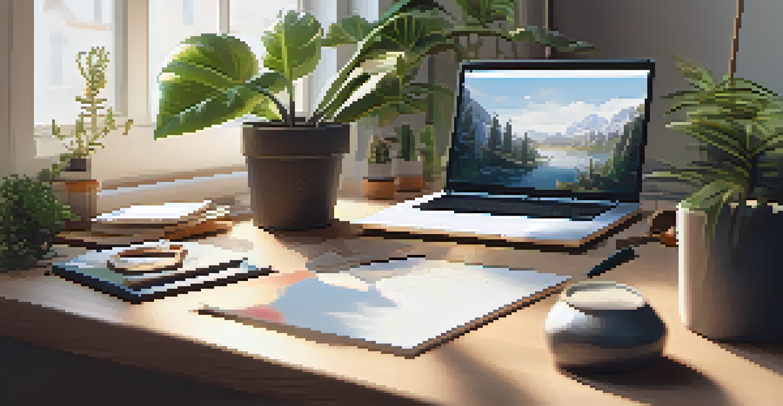 A wooden desk with an open laptop, houseplants, and art supplies, illuminated by soft natural light from a window.