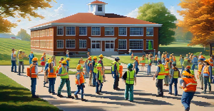 A rural school crisis management drill with teachers and students practicing evacuation procedures in a green field under bright sunlight.