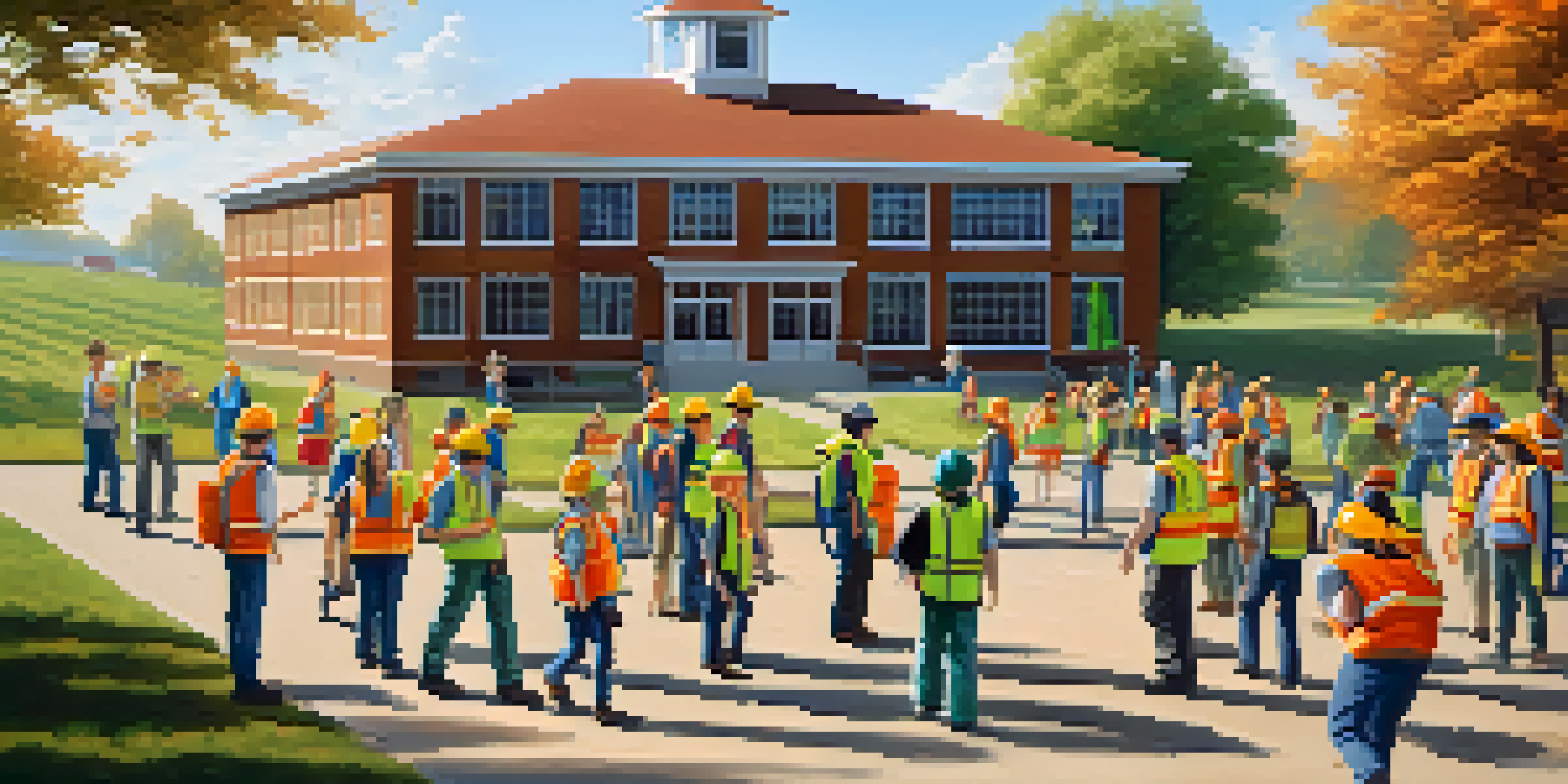 A rural school crisis management drill with teachers and students practicing evacuation procedures in a green field under bright sunlight.